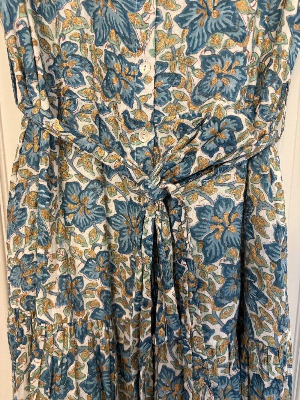 Oliphant Ruffle Collar Button Maxi Dress Size M Ivy Blue/Gold - Picture 7 of 10